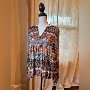 Lucky Brand Small Long Sleeve Top V Neck Loose Fit Floral Geometric